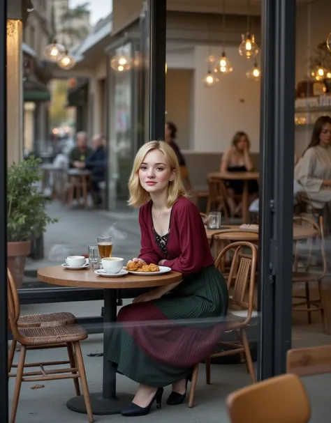 A candid and atmospheric photograph taken from the outside of a modern café, capturing a beautiful blonde woman sitting at a table near a large glass window. She has soft facial features and styled loose waves, and she is wearing an elegant dress with a fi...