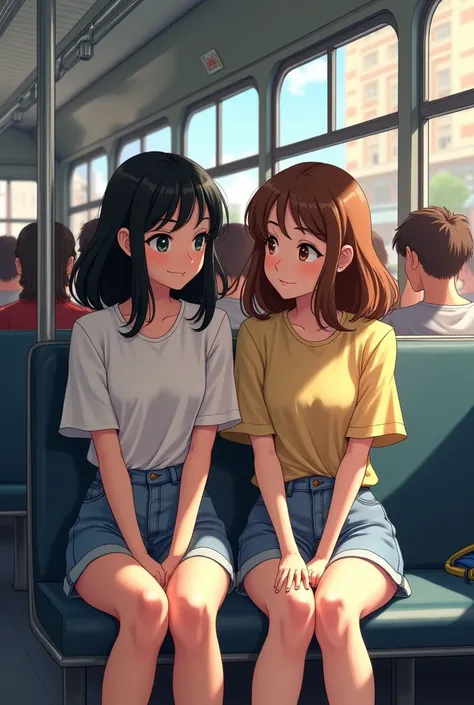 a black-haired girl and one with brown hair sitting together on a bus 