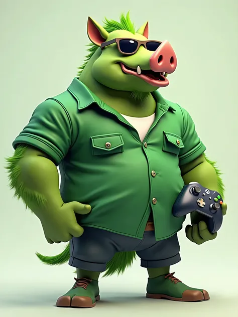 illustration of a Green Boar wearing sunglasses and holding an Xbox controller in his left hand. The boar is drawn using 3D vertices. The boar is standing with a super strong body and wearing a green shirt with a white collar. -variation - 