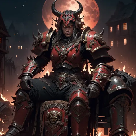 (1 man, 1 horse, armored male warrior, Berserker of Khorn, Chaos Armor, Demonic Sword, Demonic shield, red & brass & black color, Seated on Armored Horse, fore ground, full plate armor, helm with horns) (background, burning town, red moon, nighttime)