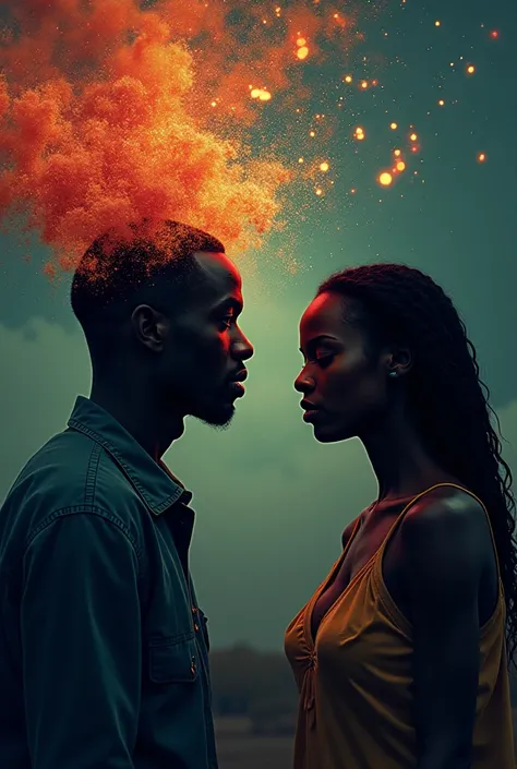 Prompt:**
"Create a cover for the song 'Nitaacha Shobo' by artist Ludege Tz. The image should feature two people: a man with thoughts visualized (e.g., thought bubbles or abstract visuals coming from his head) and a woman who is troubling him. Show a drama...