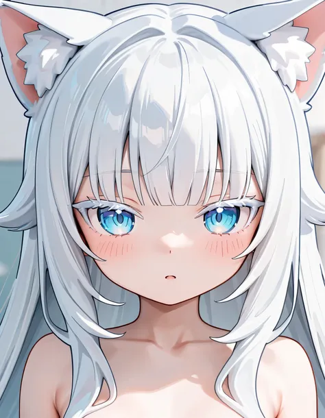 1girl, small breasts, imouto, white hair, sidelocks, long hair, straight bangs, blue eyes, colored eyelashes, white eyelashes, cat girl, cat ears