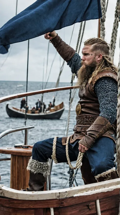 Viking man 　I'm on a boat 　Brave　 raising my fist　maritime　Long Shot