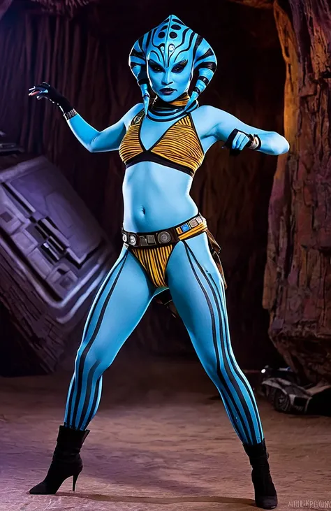 Star wars, twilek dancer, cute, micro dance outfit belly exposed, vibrant eyes, odd bright skin color with toger stripe pattern, age 30. She is dancing in the spotlight in a dangerous den of alien bamdit scum