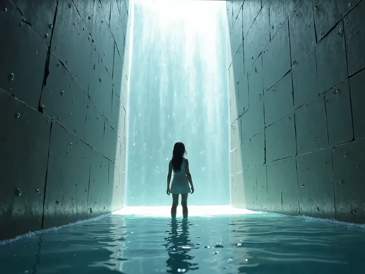 girl stands in front of shiny metal translucent wall curtain to another dimension, to which she reaches with her hand ,  from her hand, wheels are made on the wall as on the surface of the water, sci-fi 