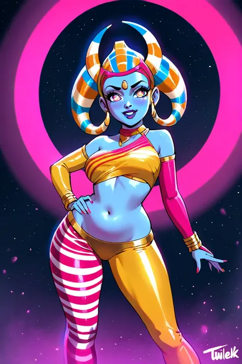 Star wars, twilek dancer, cute, micro dance outfit belly exposed, vibrant eyes, odd bright skin color with toger stripe pattern, age 30. She is dancing in the spotlight in a dangerous den of alien bamdit scum