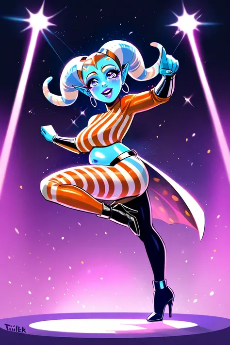 Star wars, twilek dancer, cute, micro dance outfit belly exposed, vibrant eyes, odd bright skin color with toger stripe pattern, age 30. She is dancing in the spotlight in a dangerous den of alien bamdit scum