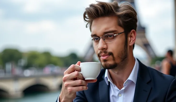 Un bel homme de 29, il a un visage bien dessiné avec des traits matures qui dégagent une certaine élégance naturelle. Ses yeux bleus sont profonds et captivants, reflétant une sagesse accumulée au fil des ans, mais aussi une lueur de douceur et de curiosit...