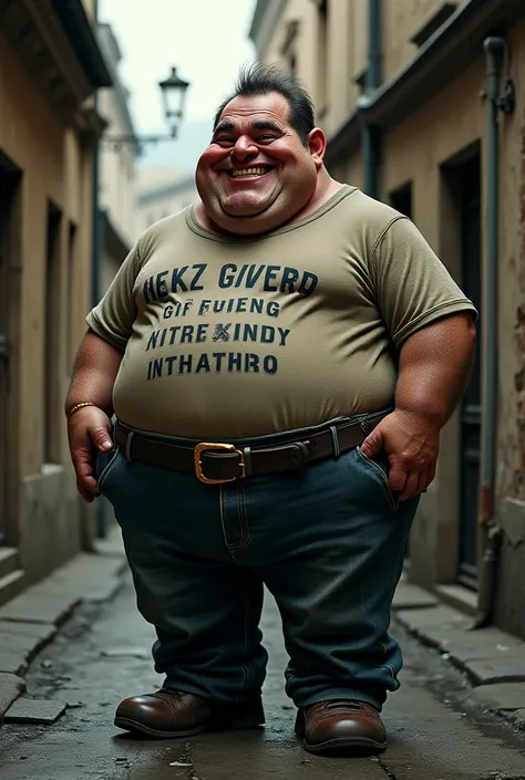 scary and cute fat gipsy man in hungary blahaz lujza tér, with a little bit scary smile in old skinny jeans and old big text tshirt