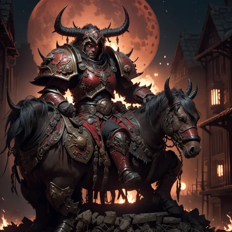 (1 man, 1 horse, armored male warrior, Berserker of Khorn, Chaos Armor, Demonic Sword, Demonic shield, red & brass & black color, Seated on Armored Horse, fore ground, full plate armor, full helm with horns) (background, burning town, red moon, nighttime)