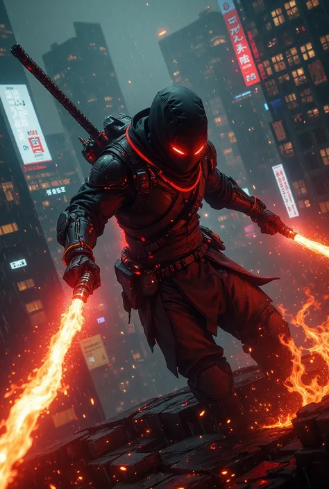 A futuristic cyberpunk ninja, clad in sleek black armor with glowing red accents, expertly throws flaming spicy fried chicken shurikens in a neon-lit rooftop battle. The background features towering skyscrapers, holographic billboards, and a dark, rain-soa...