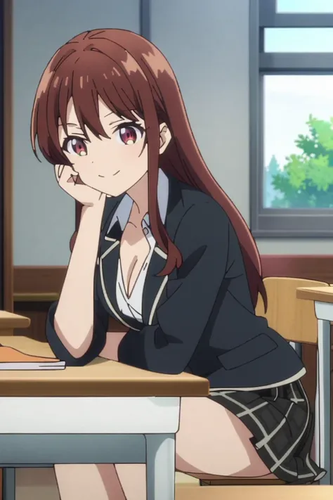 anime_screencap, 1girl, Chizuru Ichinose, Kanojo Okarishimasu,Long Hair, brown hair, Brown Eyes,solo, school uniform, Black Blazer,Cleavage,Unbuttoned Shirt,Black Skirt, pleated skirt,plaid skirt,smile, School,Classroom, Window,Tree, looking at viewer,cowb...