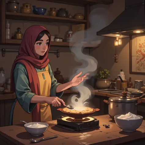 An illustration in a warm, soft style, showing a cozy kitchen during the serene hours of Ramadan. A South Asian or Pakistani woman is preparing sehri food, such as parathas and yogurt, on a traditional stove. The kitchen has a rustic, inviting look, with w...