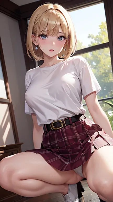 (Masterpiece, Highest Quality, Masterpiece, Prison School Heroine, Hana Midorikawa, Details), Glaring, Closed Mouth, Squinting, Eyelashes, Sweat, Ahegao, Rolling Eyes, Blushing, (Short White T-shirt) Underbust, Nipples under clothes, underbust T-shirt, und...