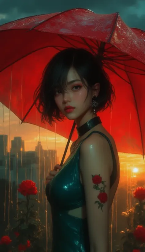 32k, Masterpiece, top quality, ((woman)) short dark hair, fair skin, teal dress, sleeveless, red umbrella, rain, tattoo, rose, jewelry, choker, earrings, serious expression, dramatic sky, sunset, sunrise, clouds, detailed, smooth shading, polished, moody, ...