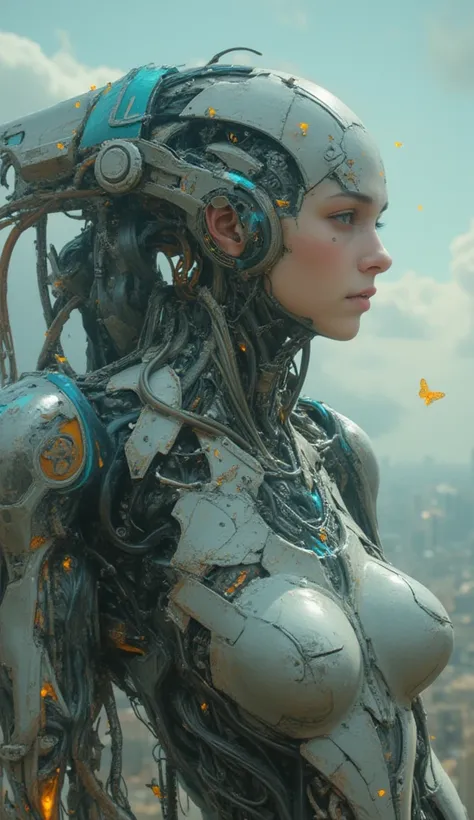 32k, Masterpiece, top quality, ((woman)) serious, pensive, complex, mechanized, exoskeleton, gray, blue, tubes, wires, glowing, orange, cyberpunk, steampunk, heavy, machinery, weapon, futuristic, post-apocalyptic, cityscape, hazy, cloudy, butterfly, detail...