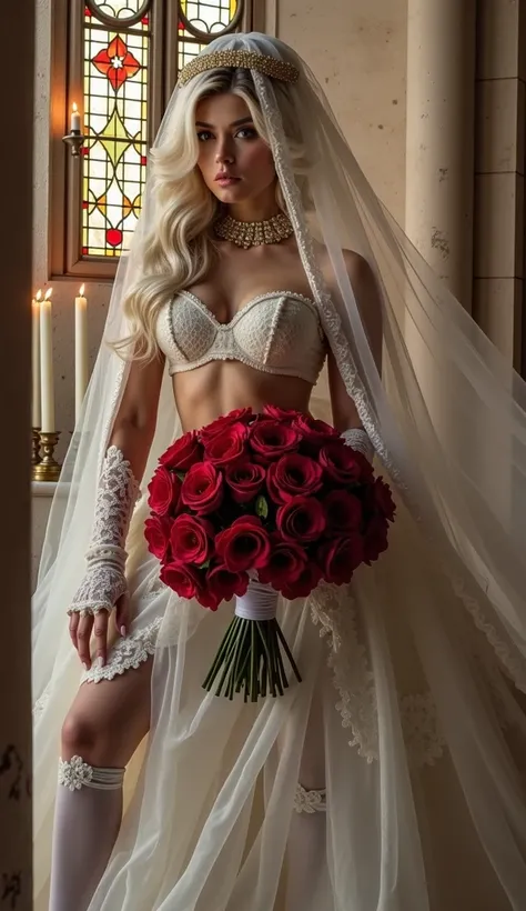 ,   for an 18-year-old model with a beautiful slim skinny athletic body with large breasts,  white hair,  skinny long legs, ( Very long athletic legs :1.7), huge breasts 4 sizes
Wearing a short wedding dress, white lace dress  ,
White dress
 the veil cover...