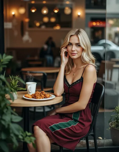 A candid and atmospheric photograph taken from outside a modern café, capturing a beautiful blonde woman sitting by the window. She has soft facial features and styled loose waves, and she is wearing an elegant dress with a fitted bodice in burgundy and bl...