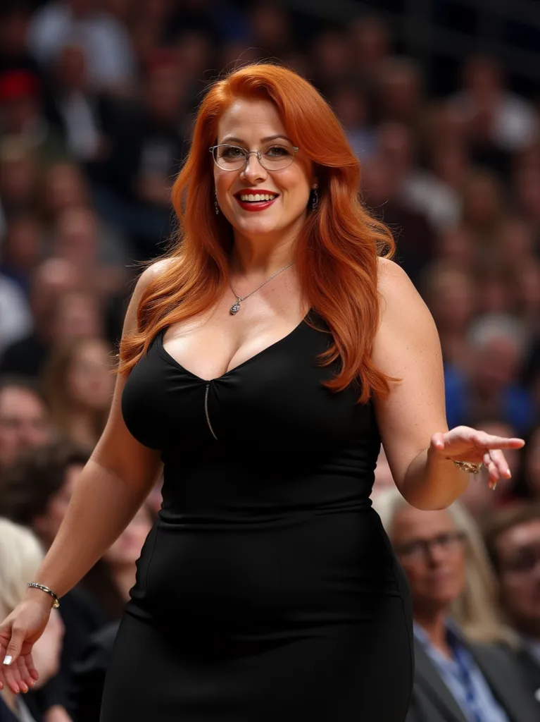 age 38, chubby sexy milf, blue eyes,( Masterpiece, 4k resolution, ultra-realistic, very detailed) red hair, red hair, tight black bodycon dress, straight ironed hair, sexy glasses, freckles, red lips, curvy body, wide hips, blue eyes,  seductive look, larg...