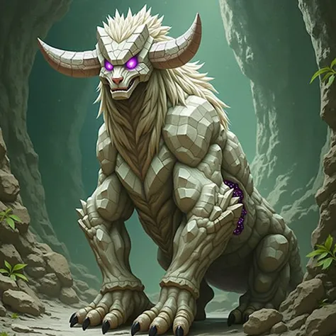 Earth elemental, body of stone and earth, crystal horns, quadruped, body of an ox, head like a rock cuboid, purple eyes, purple core in the back, full body image, in a cave, DnD, Fantasy