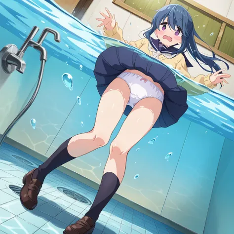 up per body, uncensored, score_9, score_8_up, score_7_up, source_anime, masterpiece, rating_safe, (perfect hands,perfect anatomy), best angle, 1girl, \(Yuru Camp△\), rin shima, blue hair, purple eyes, sidelocks, skirt, long sleeves, school uniform, pleated...