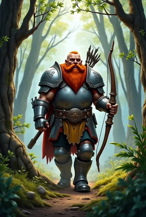 Red-bearded dwarf ,  with silver armor and a bow hunting in the forest
