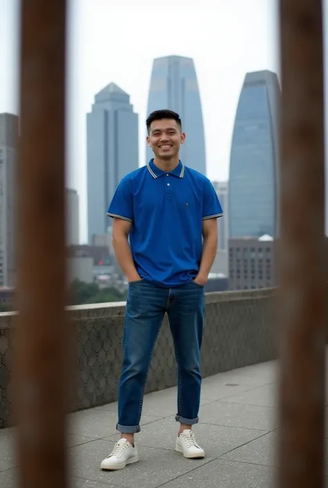 A dramatic urban portrait featuring a cheerful filipino man in a BLUE kinwoo_T623_Polo_Shirt, denim pants, sneakers, standing confidently on a rooftop with modern skyscrapers in the background. The shot is taken from a low angle through rusty metal bars, c...