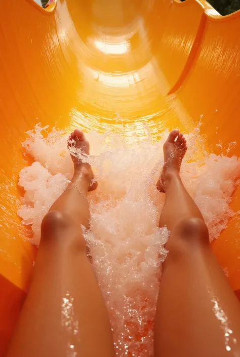   first-person image of someone slipping inside a water slide in a water park with their legs and feet wet with water, translucent water,  Water splashes everywhere with the movement of your legs  , The water slide is translucent orange, is wet and has wav...