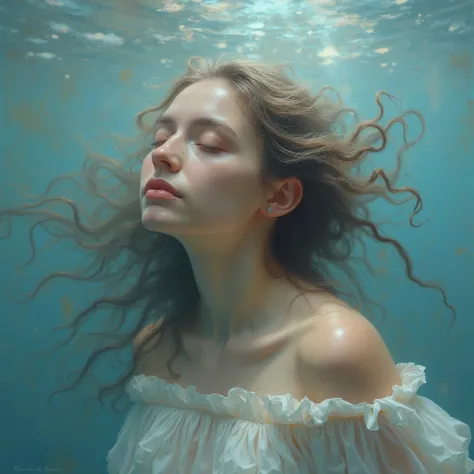 This is a photorealistic and highly detailed work of digital art that presents the portrait of a beautiful woman with Ophelia's dream,  Low Saturation Color Photograph, Antigua, grunge, zenithal light, masterful painting in the style of Anders Zorn | Marco...