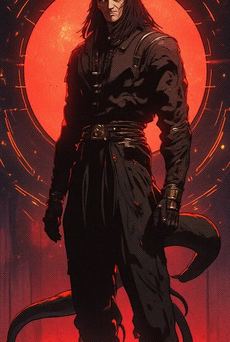 Sci-Fi, Cyberpunk, One tall strong man with big long tail, features of a snake. features of a demon. features of a naga, space, Lots of long blacks Braids, futuristic tight black jumpsuit. spaceship, pale skin, yellow snake eyes, human face, 2D, anime, mat...