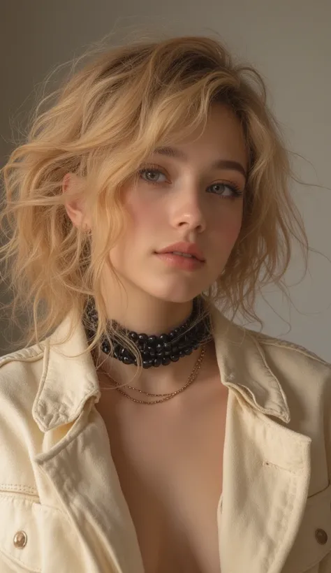 32k, Masterpiece, top quality, ((woman)) Blonde, fair skin, rosy cheeks, natural makeup, nude lipstick,  cream jacket, black choker, beaded necklace, earrings, tousled hair, profile, close-up, blurred background.