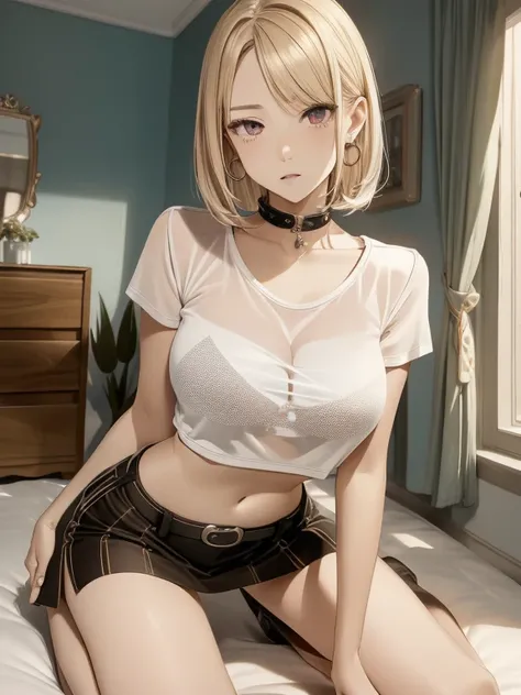  (Masterpiece, Highest Quality, Masterpiece, Prison School Heroine, Hana Midorikawa, Details), Glaring, Closed Mouth, Squinting, Eyelashes, Sweat, Ahegao, Rolling Eyes, Blushing, (Short White T-shirt) Underbust, Nipples under clothes, underbust T-shirt, un...