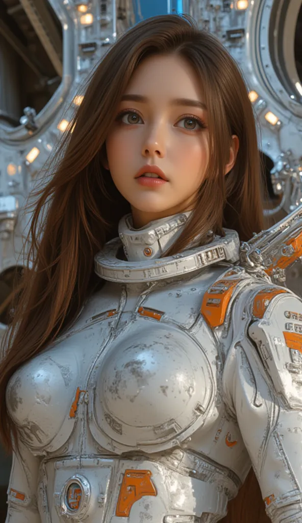 32k, Masterpiece, top quality, ((woman)) long brown hair, large eyes, futuristic spacesuit, white, grey, orange accents, mechanical details, apprehensive expression, metallic background, spaceship, space station, panels, windows, dramatic lighting, high de...