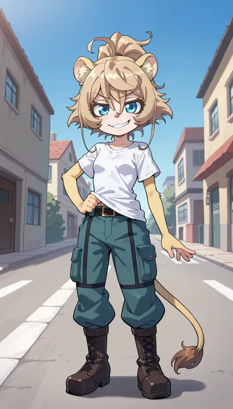 score_9, score_8_up, score_7_up, 1girl, solo, masterpiece, best quality, amazing quality, very aesthetic, absurdres, source furry, mobian lion, blue eyes, yellow body fur, (brown hair, Tanya Degurechaff hairstyle, messy spiky ponytail), looking at viewer, ...