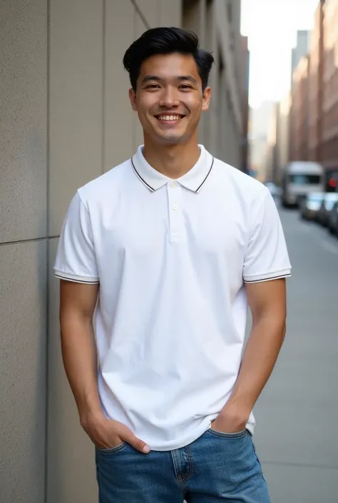 A MID-SHOT OF AN ASIAN MALE MODEL SMILING, WEARING A WHITE kinwoo_T623_Polo_Shirt, JEANS, STANDING, POWER POSE, CONCRETE WALL, NEW YORK CITY, STREET PHOTOGRAPHY