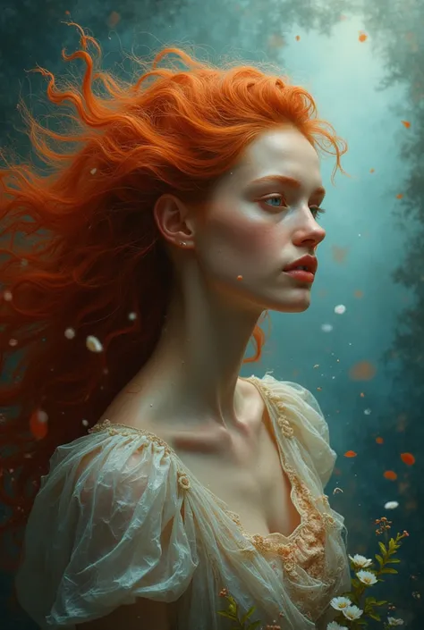 This is a photorealistic and highly detailed work of digital art that presents the portrait of a beautiful red-haired woman with the dream of Ophelia,  Low Saturation Color Photograph, Antigua, grunge, zenithal light, masterful painting in the style of And...