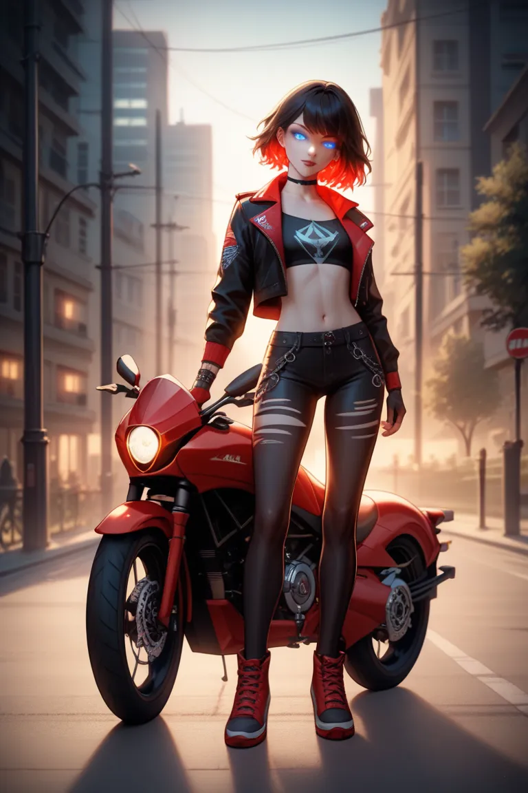 score_9, score_8_up, score_7_up, masterpiece, best quality, amazing quality, 1girl, goth, brunette hair, bangs, blue eyes, dark ambient, outdoors, standing infront of red motorcycle, red motorcycle suit, small breasts, glowing hair, glowing eyes, head tilt...