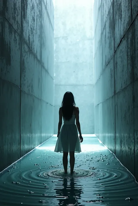 woman stands in front of shiny metal translucent wall curtain to another dimension, to which she reaches with her hand ,  from her hand, wheels are made on the wall as on the surface of the water, sci-fi 