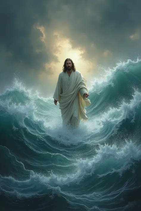 Jesus Christ walking on water in a sea of storms