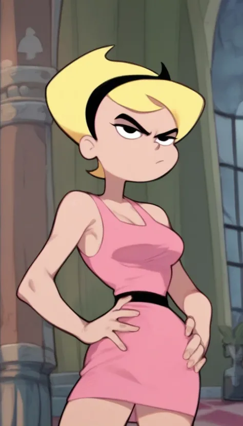 Mandy from "The Grim Adventures of Billy and Mandy", yellow-haired position, short hair, black hairband, pink sleeveless dress, looking at the viewers, In a Mansion, standing up, being a woman, annoyed, medium breasts, hands on hip, a seductive Pose, 1girl...