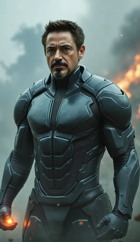 Robert Downey Jr. like Smoke would be a stylish vision full of mystery !
Imagine Robert Downey Jr. wearing the gray and black stealth costume of Smoke , with metallic details that reflect light in a subtle way . His face is partially covered by a te...
