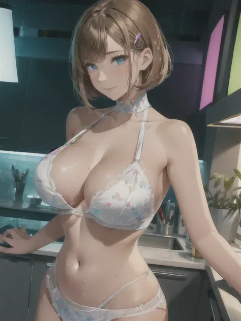 1 woman, solo, sexy clothes, sexy clothes, collarbones, shoulders, beautiful breasts, belly button, waist, light brown hair, bob cut, hairpin, flowing bangs, side part bang, chest close-up, low angle, looking at the viewer, big breasts, sweat, orgasm, clim...