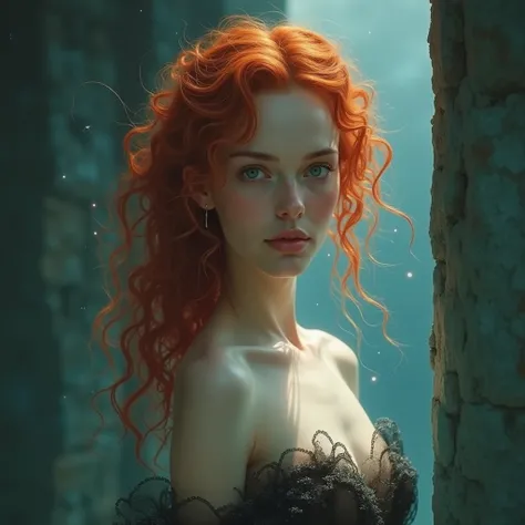 This is a photorealistic and highly detailed work of digital art that presents the portrait of a beautiful red-haired woman with the dream of Ophelia,  Low Saturation Color Photograph, Antigua, grunge, zenithal light, masterful painting in the style of And...