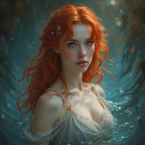 This is a photorealistic and highly detailed work of digital art that presents the portrait of a beautiful red-haired woman with the dream of Ophelia,  Low Saturation Color Photograph, Antigua, grunge, zenithal light, masterful painting in the style of And...