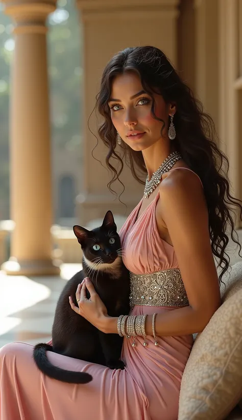 best quality, masterpiece, ultra-high resolution, (photorealistic: 1.6), RAW photo.
Ultra-realistic photo. Beautiful big black Siamese cat of Cleopatra sits on the hands of a young woman, beautiful and slender, perfectly built, large breasts in the frame n...