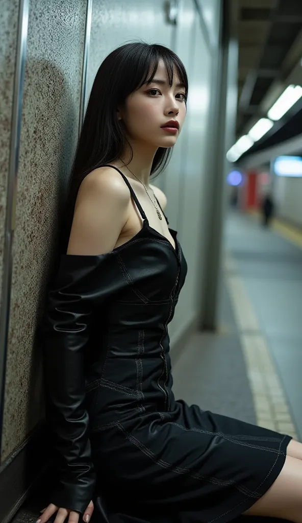    female 1 person 、whole body、    beautiful white skin  、(( I can see my  chest、  lean forward slightly for a sexy pose、Try it on 、  subway))、((whole body:2))、 gothic、   Earth System  、Extreme realism:1.21, (8k,  exists,  RAW Photo,  top quality:1.4),   t...