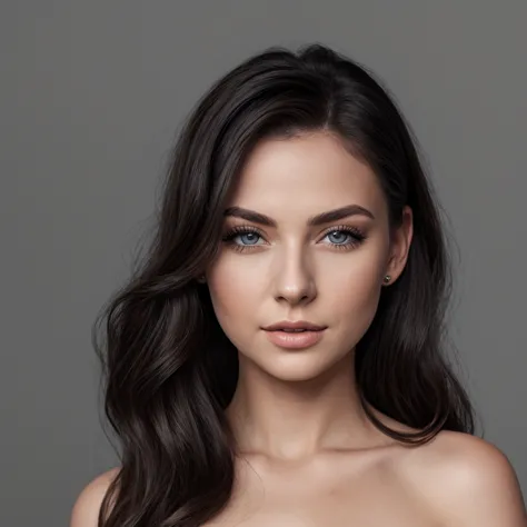  Ultra-realistic and hyper-detailed portrait of a stunning young woman  (21-22 years old ),  symmetrical deep blue eyes ,  ultra-detailed natural eyes ,  perfect skin texture .  Long and elegant black hair reaching the hips , Silky, voluminous, naturally s...