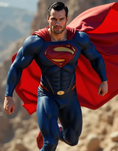 muscular attractive h3nr4, with an undercut haircut combed back, short beard, wearing blue Superman suit, in a dynamic flying pose, with a confident and determined expression on his face. His iconic red and blue superhero costume is highly detailed, mostra...