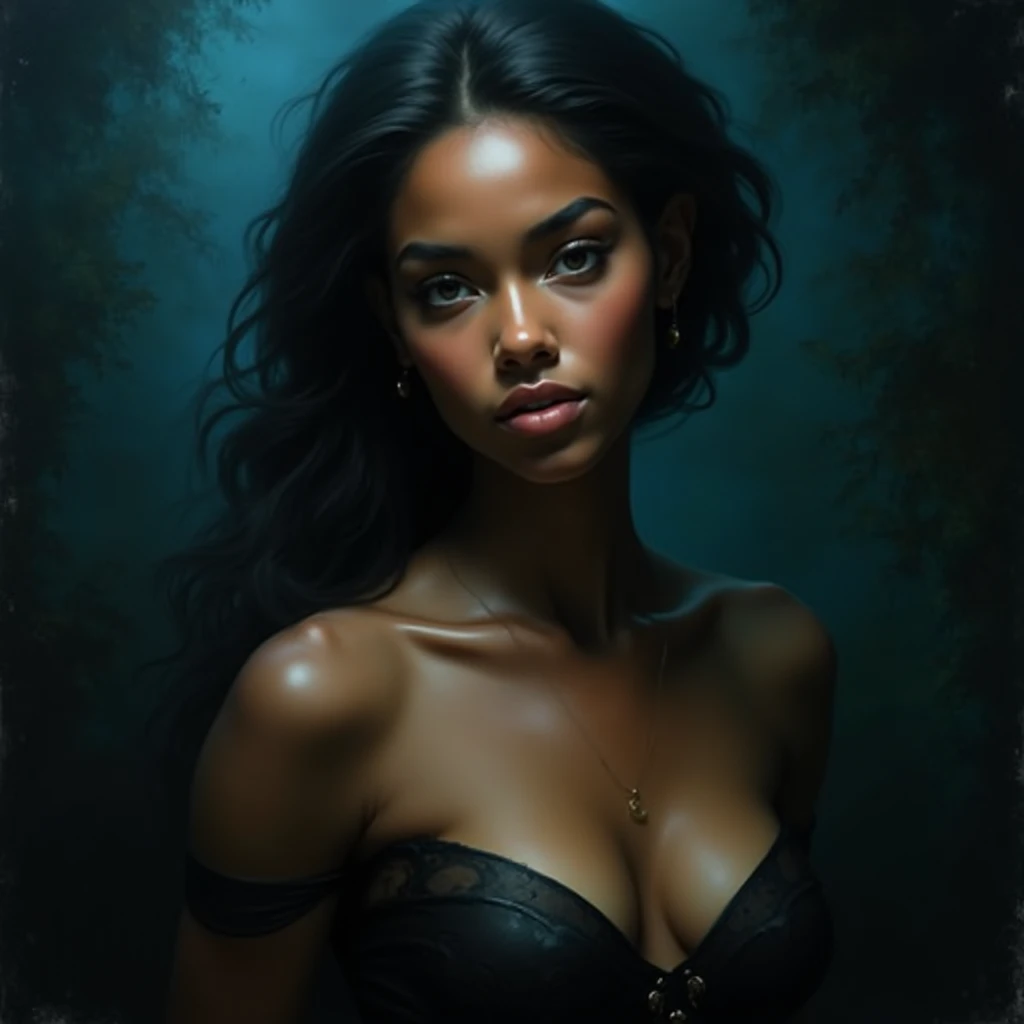 This is a photorealistic and highly detailed work of digital art that presents the portrait of a beautiful brown woman with Ophelia's dream.,  Low Saturation Color Photograph, Antigua, grunge, zenithal light, masterful painting in the style of Anders Zorn ...