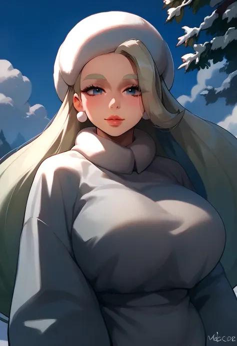 1girl, solo, melony \(pokemon\), huge breasts, oversized clothes, white shirt, looking at viewer, seductive smile, portrait, 
masterpiece, best quality, etonxes